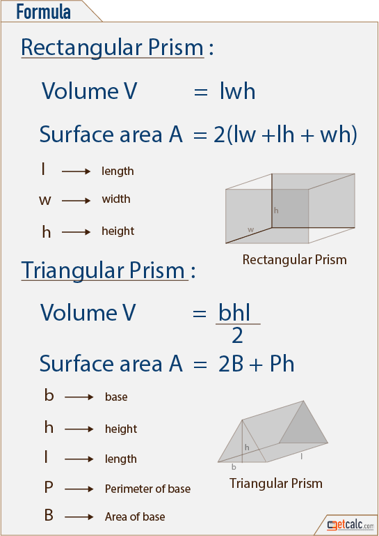 prism formulas to calculate volume & surface area